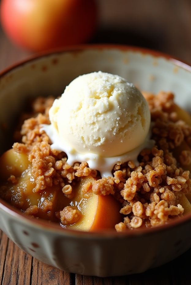 Slow cooker apple crisp topped with oats and vanilla ice cream in a rustic bowl.