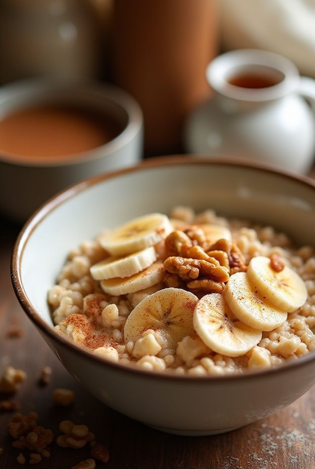 Delicious crockpot banana bread oatmeal topped with bananas and walnuts, perfect for a warm breakfast.