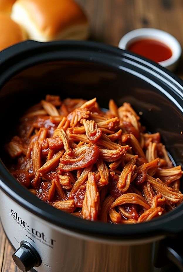 Crockpot BBQ chicken ready for sandwiches, featuring tender chicken in rich sauce with sandwich buns.