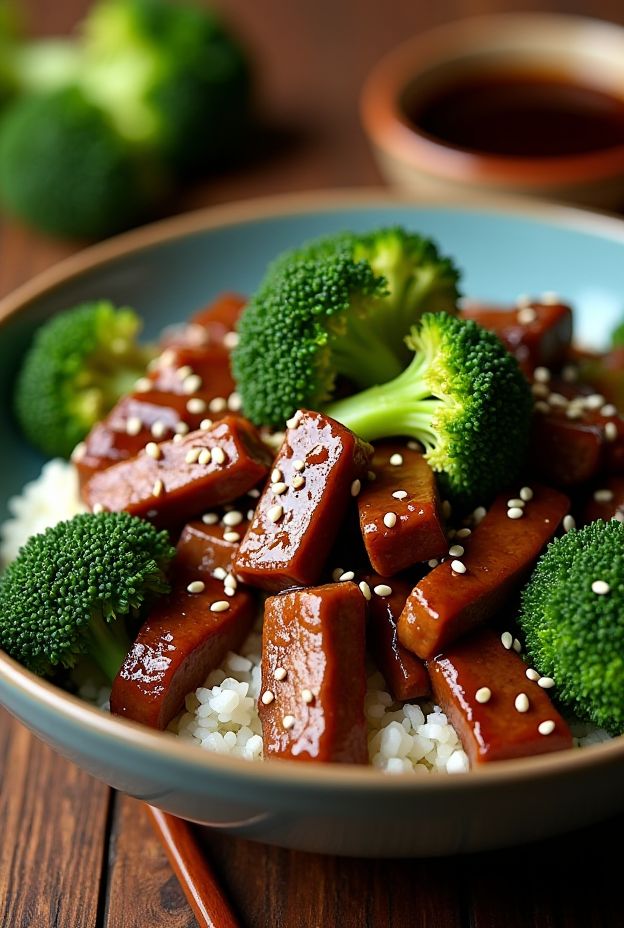 Crockpot Beef & Broccoli Teriyaki served on rice topped with sesame seeds, an easy and nutritious meal.