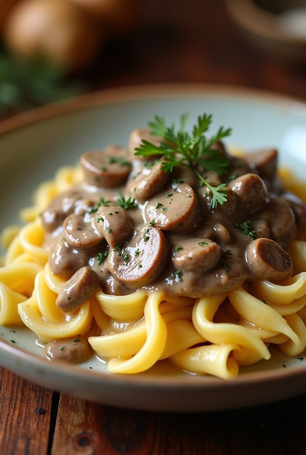 Creamy beef stroganoff served over egg noodles, showcasing rich sauce and mushrooms.