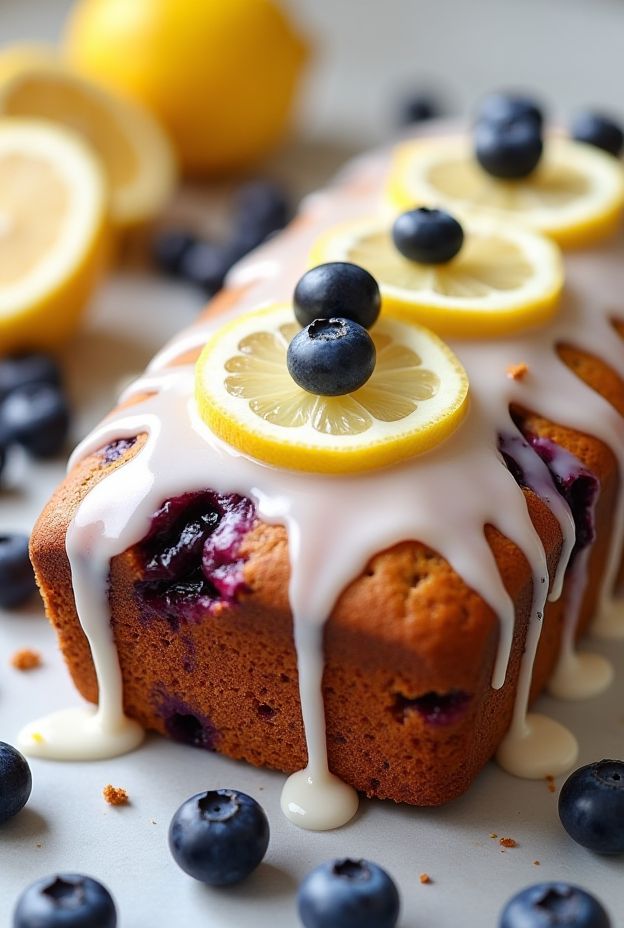 Crockpot Blueberry Lemon Breakfast Cake served with lemon slices and fresh blueberries.
