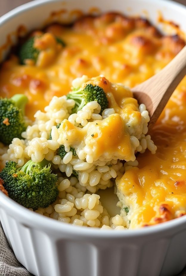 Creamy Cheesy Broccoli Rice Casserole served in a white dish, featuring melted cheese and broccoli.