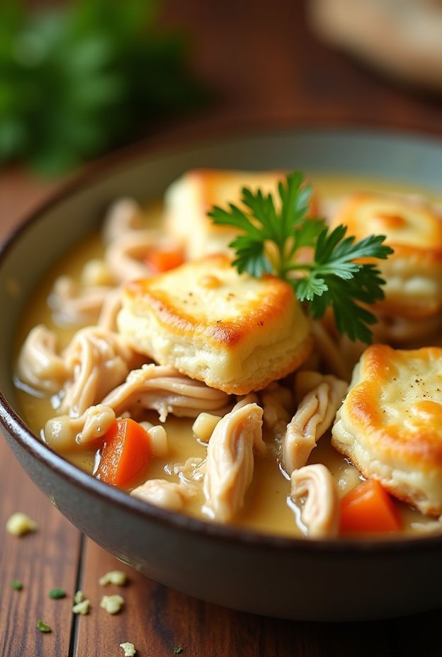 A bowl of Chicken Pot Pie Stew topped with biscuits, perfect for comfort food lovers.