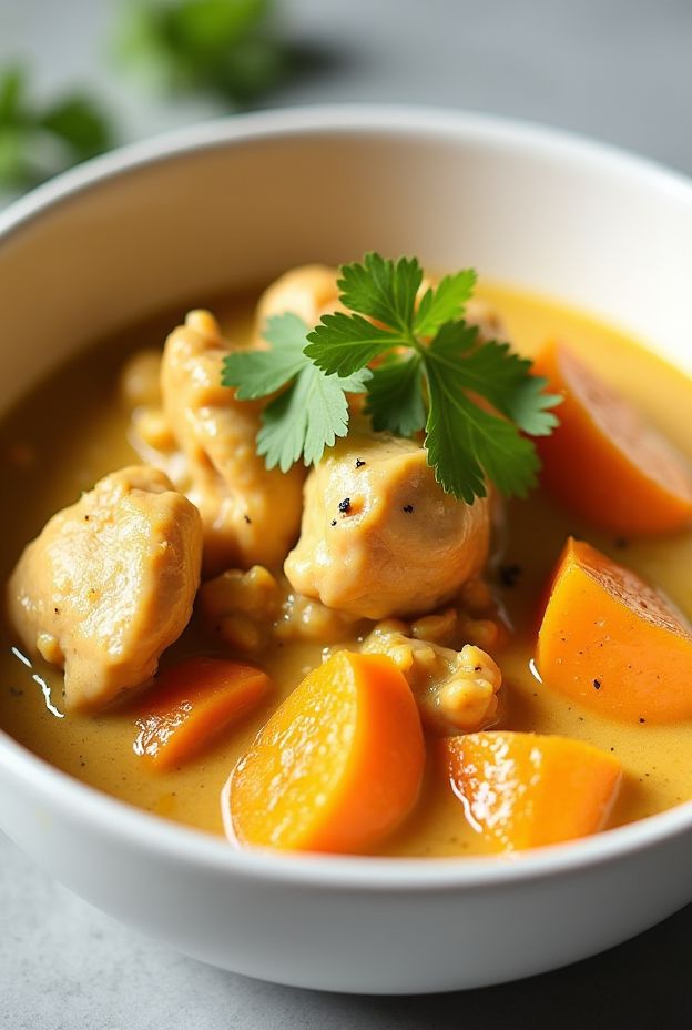 A bowl of Coconut Curry Chicken featuring tender chicken, sweet potatoes, and aromatic herbs cooked in a rich coconut sauce.