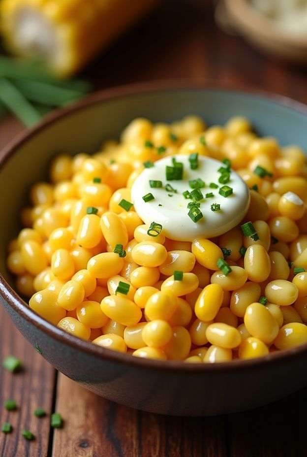 Delicious creamed corn with chive butter, a perfect side dish for any meal.
