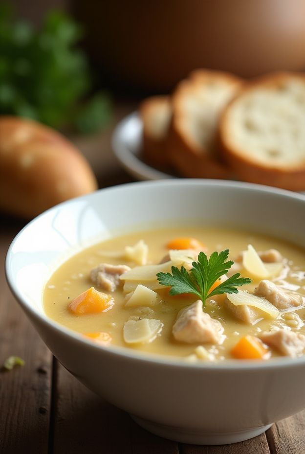 Creamy Garlic Parmesan Chicken Soup in a bowl with herbs and bread slices on the side.