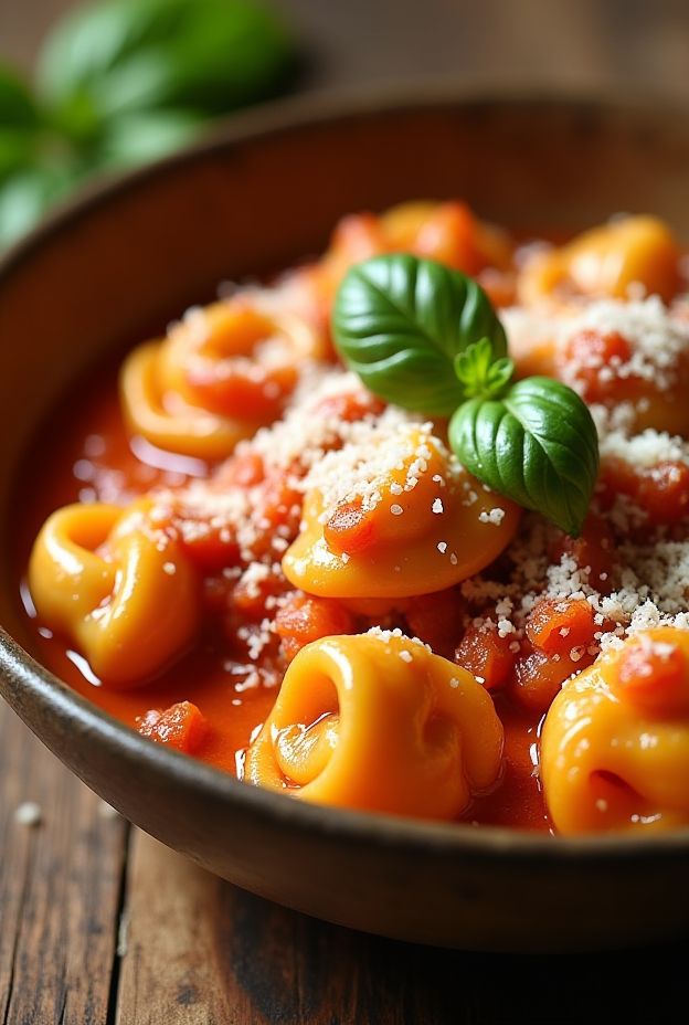 Creamy Tomato Basil Tortellini in a bowl with herbs, showcasing a comforting crockpot recipe.
