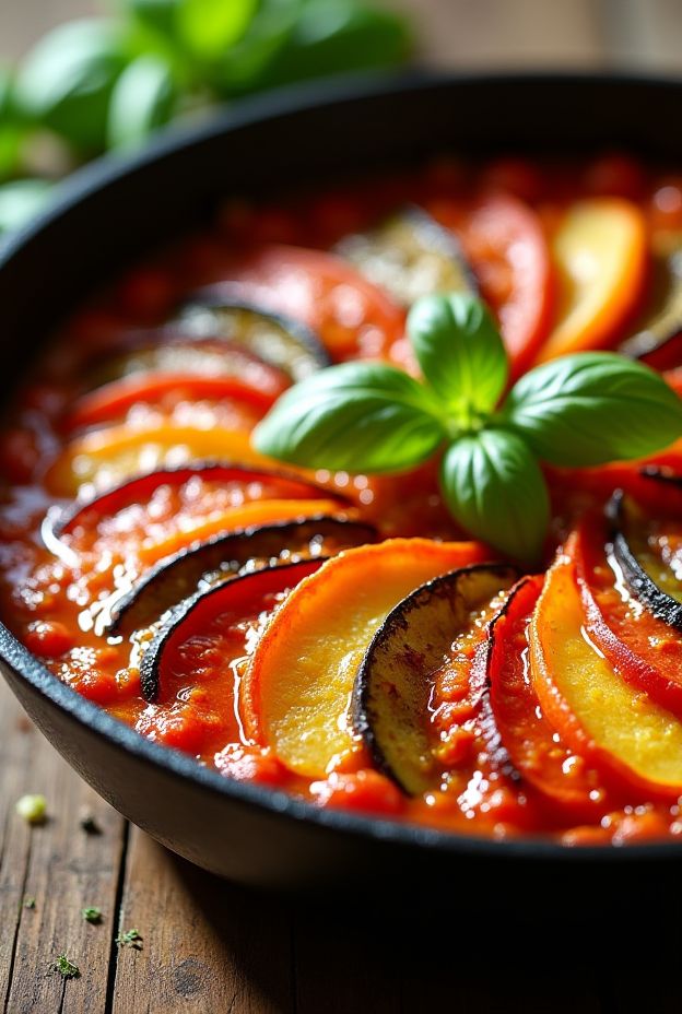 Crockpot ratatouille with fresh vegetables including eggplant, zucchini, and bell peppers arranged beautifully.