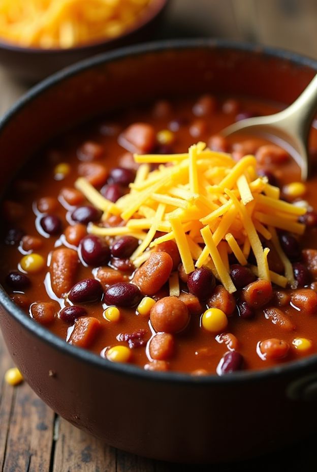 Freezer-Friendly Turkey Chili with colorful beans, corn, and shredded cheese, perfect for meal prep or cozy gatherings.