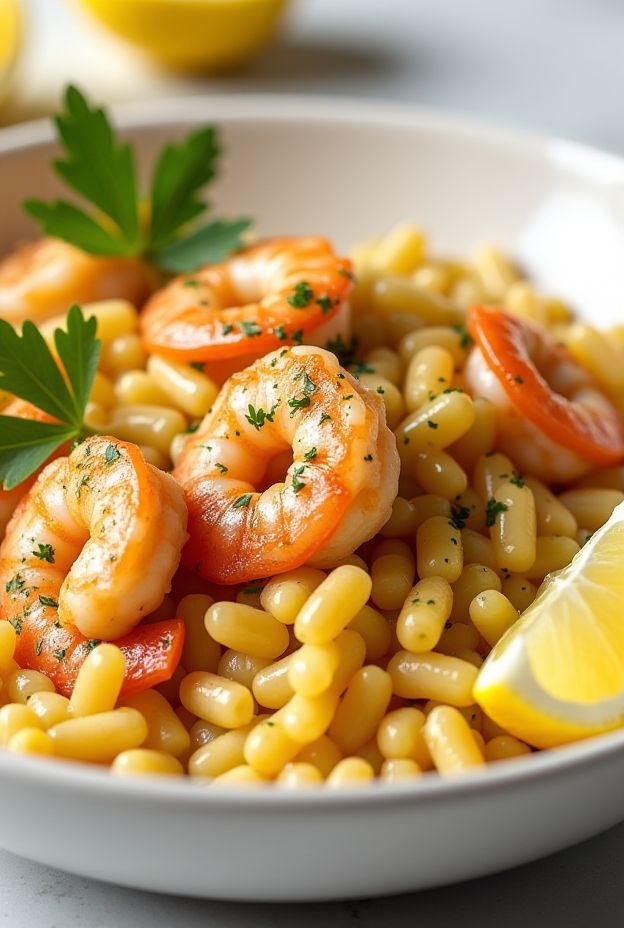 A bowl of Garlic Butter Shrimp with Orzo, featuring shrimp and orzo pasta garnished with parsley and lemon.