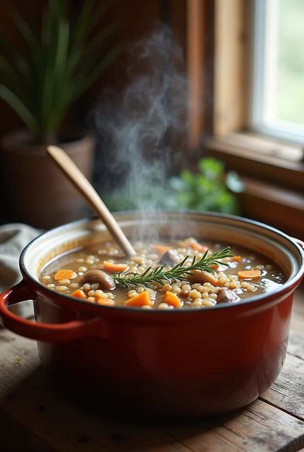 Hearty Barley & Mushroom Soup in a bright red crockpot with rosemary garnish.