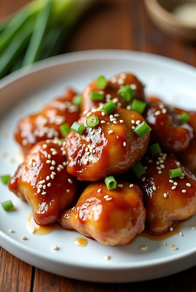 Crockpot Honey Garlic Chicken Thighs garnished with green onions and sesame seeds, served on a white plate.
