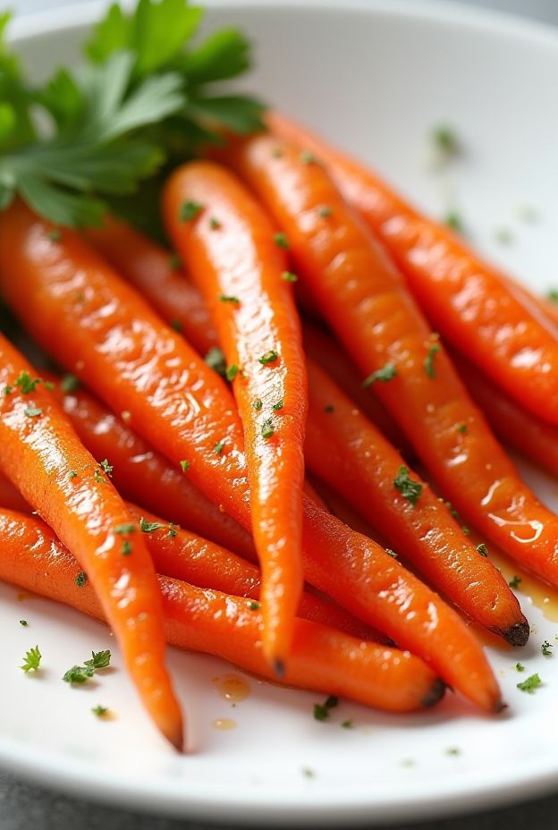 Delicious slow cooker honey glazed carrots with a vibrant orange color, drizzled with honey and garnished with parsley.
