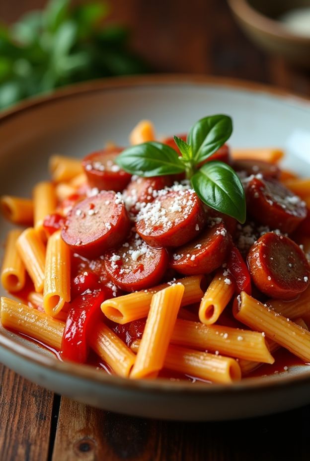 Delicious Italian Sausage and Peppers with Penne, featuring vibrant colors and rich flavors for a hearty meal.