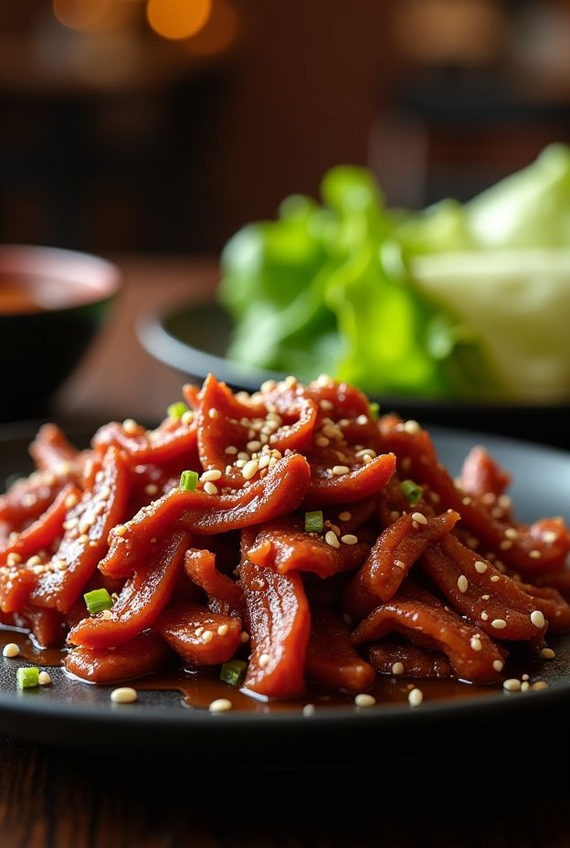 Korean BBQ Pulled Beef in a crockpot with sesame seeds and garnished with green onions.
