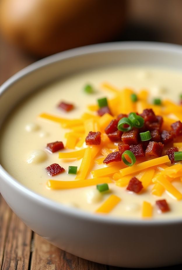 Creamy Loaded Baked Potato Soup topped with cheese, bacon, and green onions in a rustic bowl.