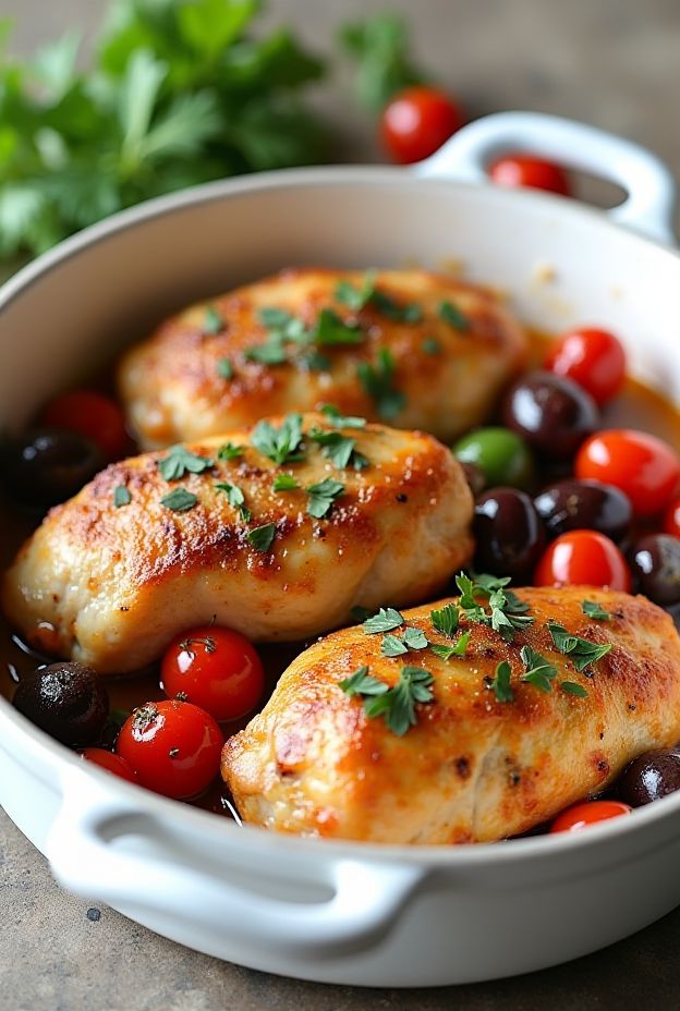 Hearty Mediterranean chicken dish featuring olives and tomatoes, perfect for nutritious slow cooking in a crockpot.