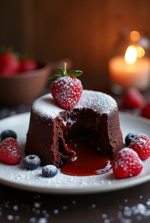 Delicious molten chocolate lava cake topped with berries for a rich dessert experience.