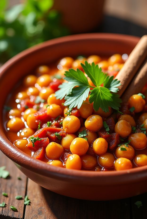 A colorful bowl of Moroccan Chickpea & Lentil Stew garnished with parsley, showcasing hearty ingredients.