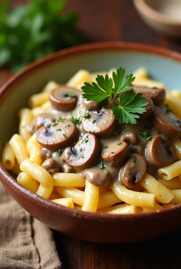 Creamy Mushroom Stroganoff served with pasta, garnished with parsley, perfect for vegetarian meals.