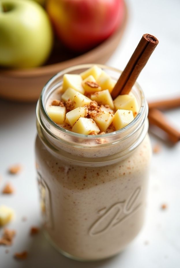 Creamy slow cooker overnight apple cinnamon oats topped with apples and a cinnamon stick.