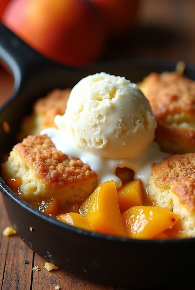Delicious slow cooker peach cobbler with fluffy biscuit topping and a scoop of ice cream.
