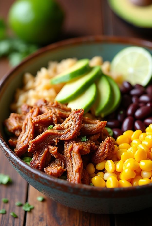 Crockpot Pulled Pork Burrito Bowls with rice, beans, corn, and avocados.