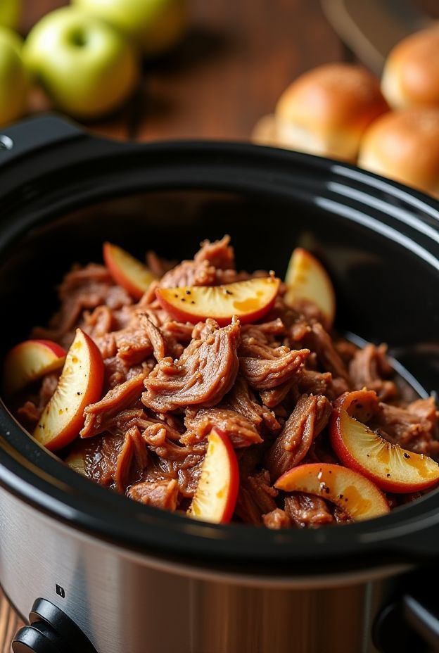 Delicious pulled pork with apple cider glaze cooked in a crockpot, garnished with apple slices.