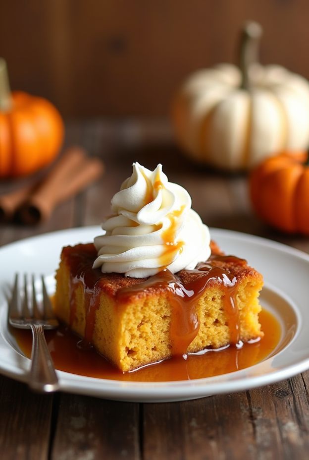 Pumpkin Spice Bread Pudding featuring creamy texture topped with whipped cream and caramel drizzle for a warm autumn treat.