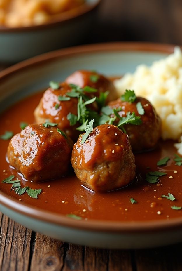 Slow cooker Salisbury steak meatballs in rich gravy served on a plate with mashed potatoes, garnished with parsley.