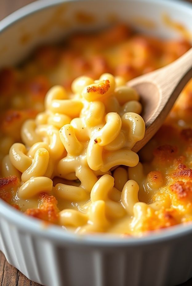 Creamy slow cooker mac and cheese served with a wooden spoon, showcasing its rich, gooey texture.