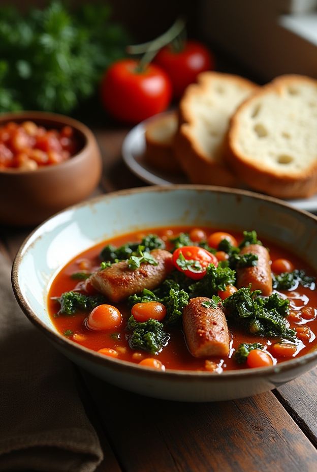 Hearty Spicy Italian Sausage and Kale Stew served with crusty bread on a rustic wooden table.