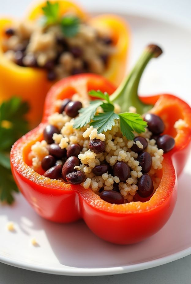 Colorful stuffed bell peppers filled with quinoa and black beans, garnished with fresh herbs.