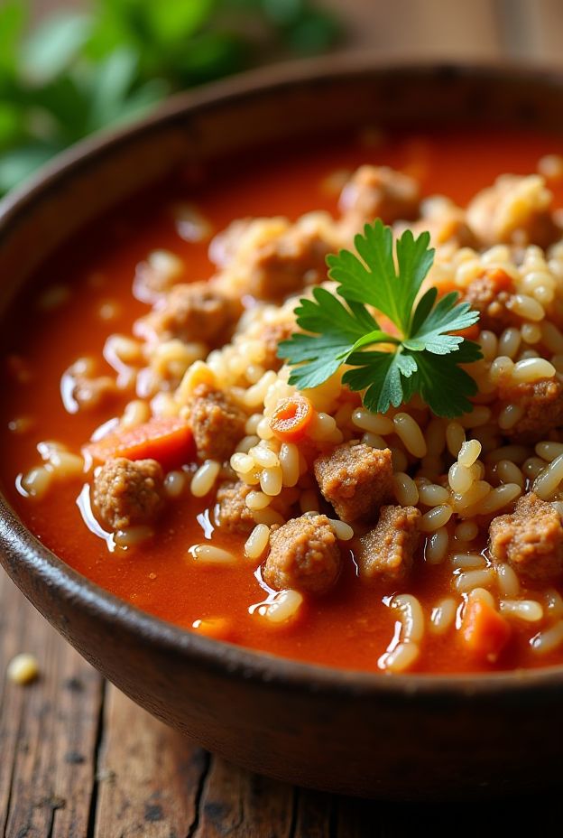 A bowl of stuffed cabbage soup featuring ground meat, cabbage leaves, and rice in a rich tomato broth.