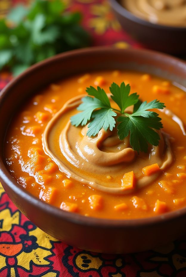 A warm bowl of Sweet Potato & Peanut Butter Stew topped with peanut butter and fresh herbs.