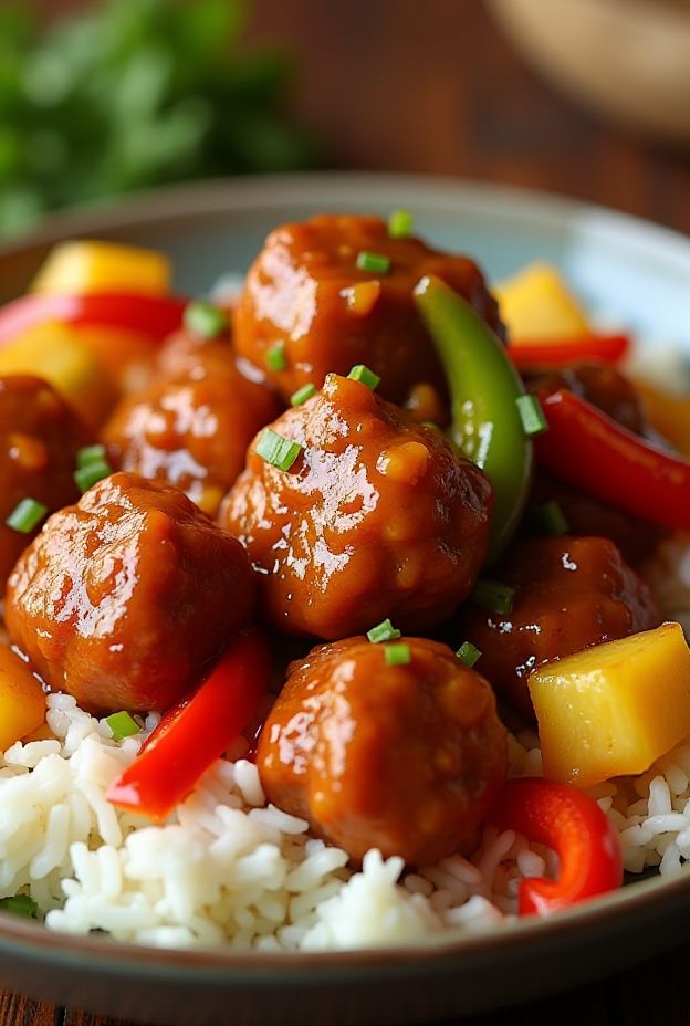 Crockpot Sweet and Sour Meatballs served with colorful bell peppers and rice.