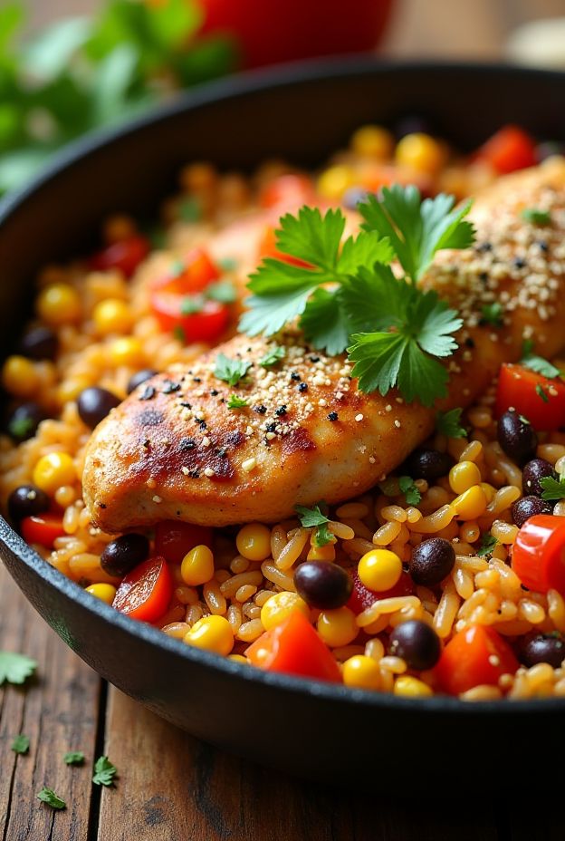 A vibrant dish featuring Tex-Mex Chicken & Rice in a crockpot, showcasing colorful peppers, corn, and seasoned chicken.