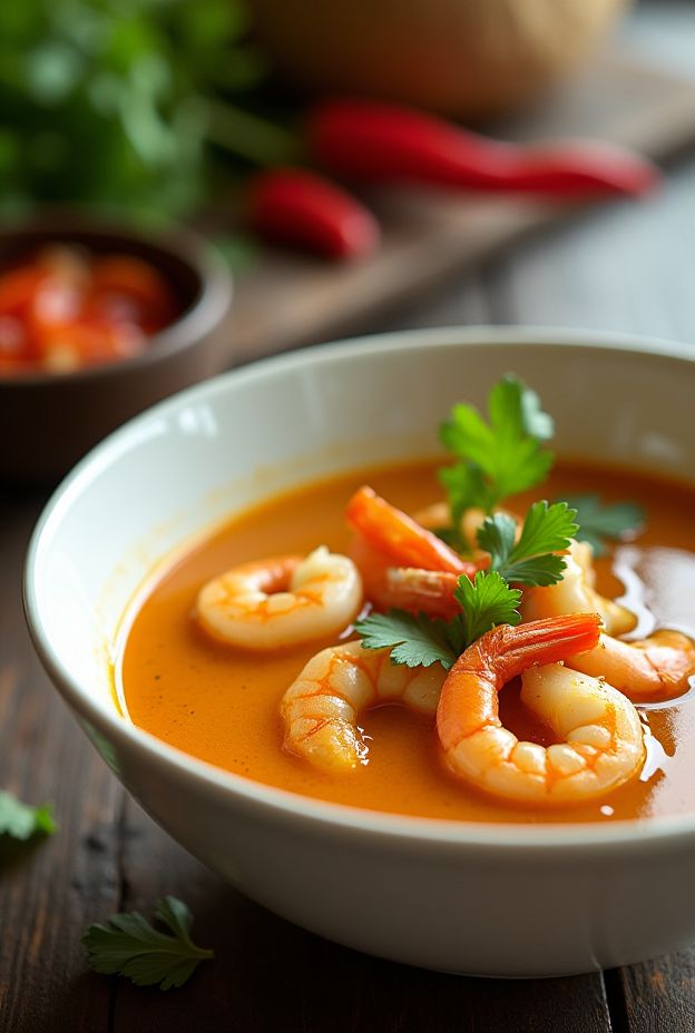 Thai Coconut Curry Shrimp Soup with garnishes, showcasing vibrant colors and rich textures.