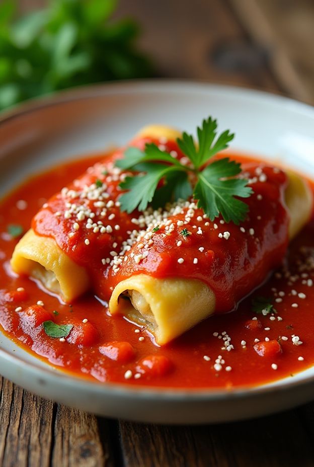 Turkey and Vegetable Stuffed Cabbage Rolls served with tomato sauce, garnished with fresh herbs, on a rustic wooden table.