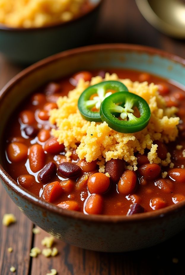 Vegan chili topped with sweet cornbread crumble and jalapeño slices in a decorative bowl.