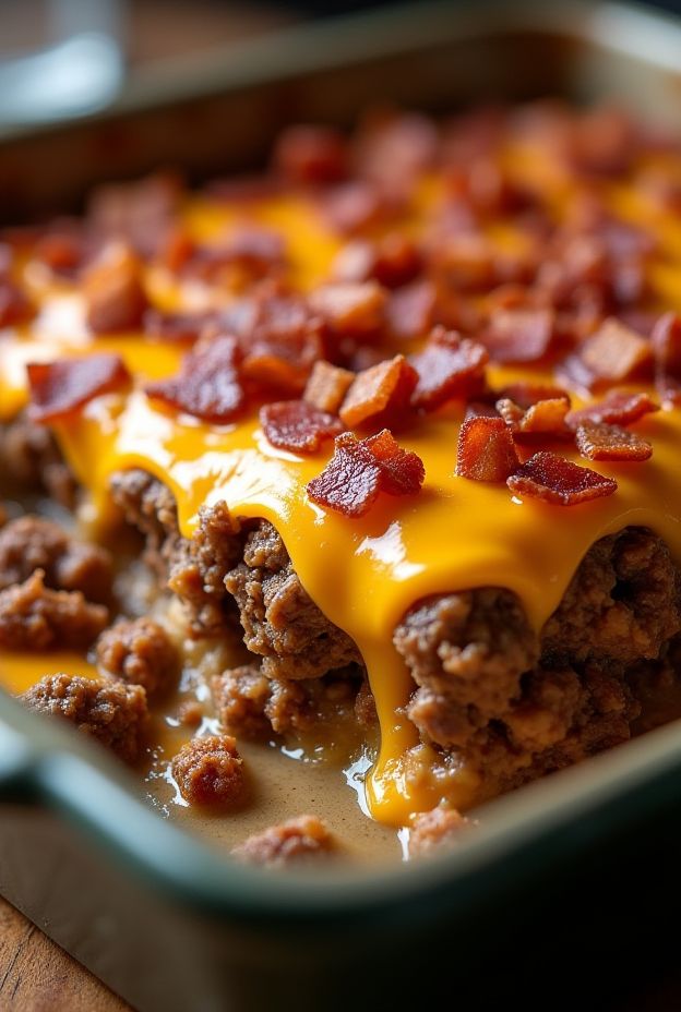 BBQ Bacon Cheeseburger Casserole prepared in a crockpot with layers of beef, cheese, and bacon.