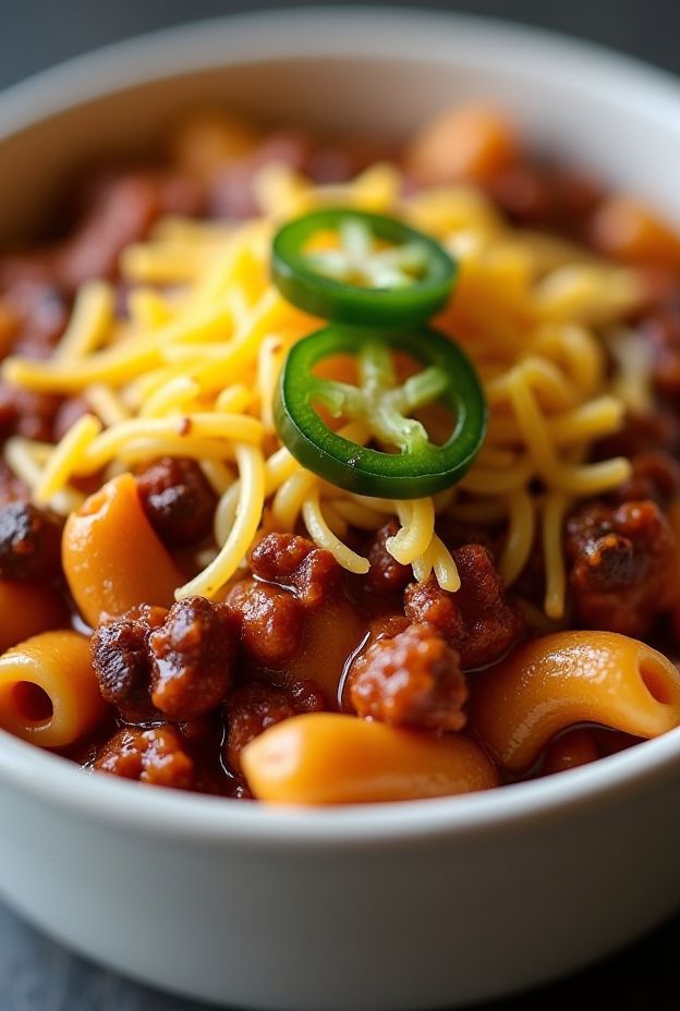 Hearty Beefy Chili Mac served in a bowl with cheese and jalapeños, showcasing a comforting meal blend.