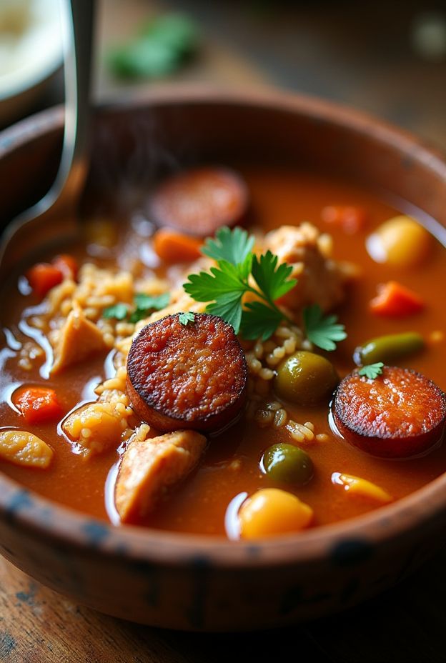 Crockpot Cajun Andouille & Chicken Gumbo with sausage, chicken, and trinity of vegetables in a bowl.