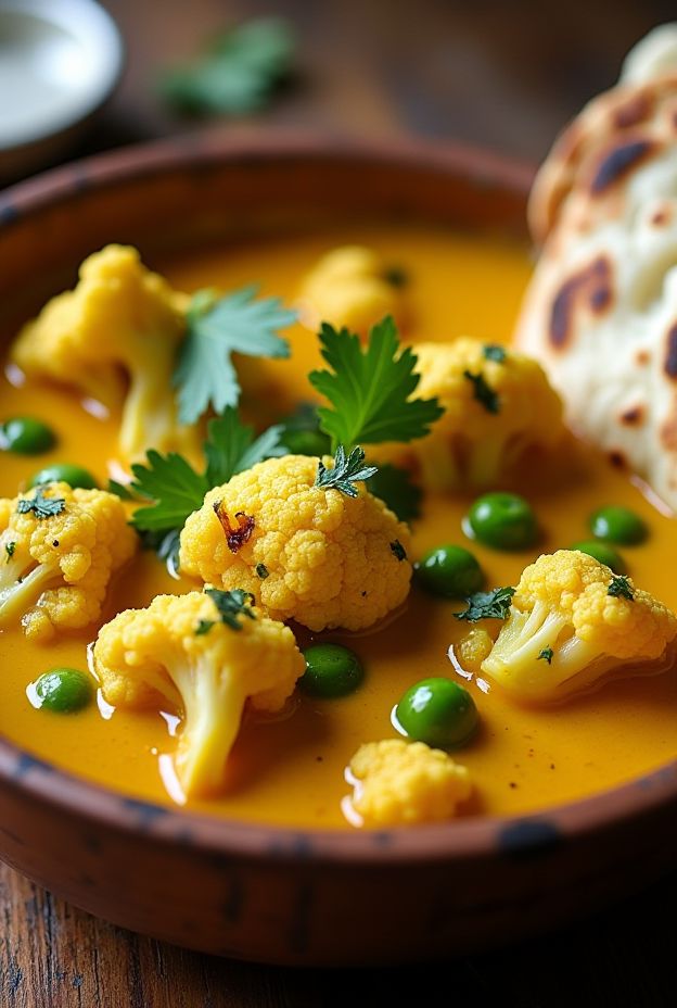 A vibrant bowl of cauliflower curry with green peas served with cilantro garnishing and warm naan on the side.