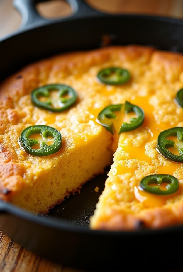 Cheddar Jalapeno Cornbread served hot, featuring cheesy texture and jalapeno slices draped on top.