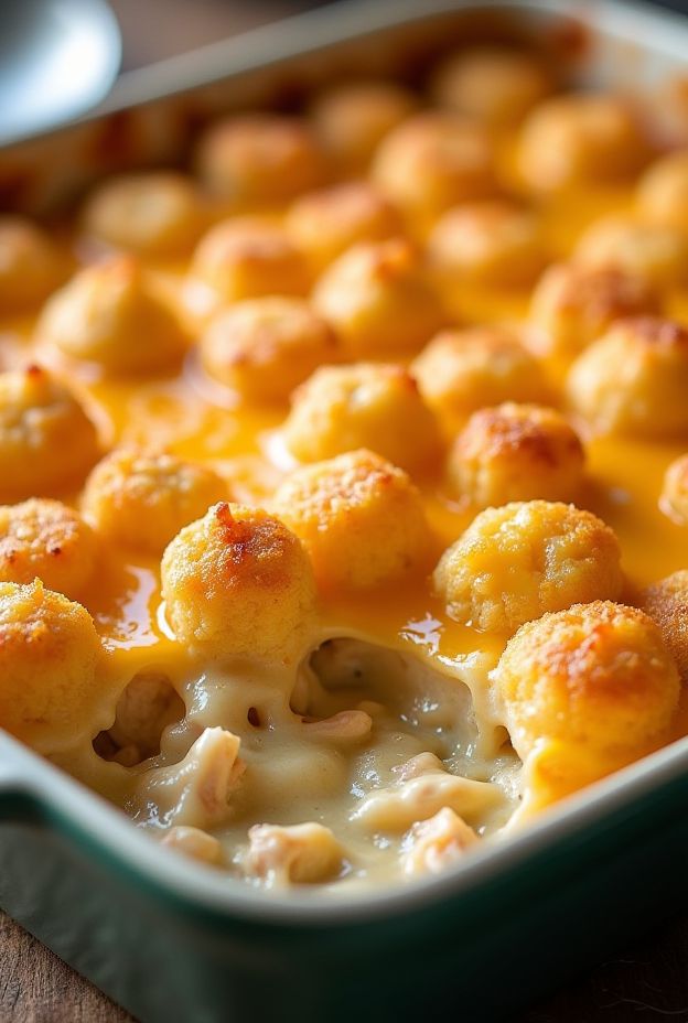 Crockpot Cheesy Chicken Tater Tot Casserole with layers of chicken, tater tots, and melted cheese.