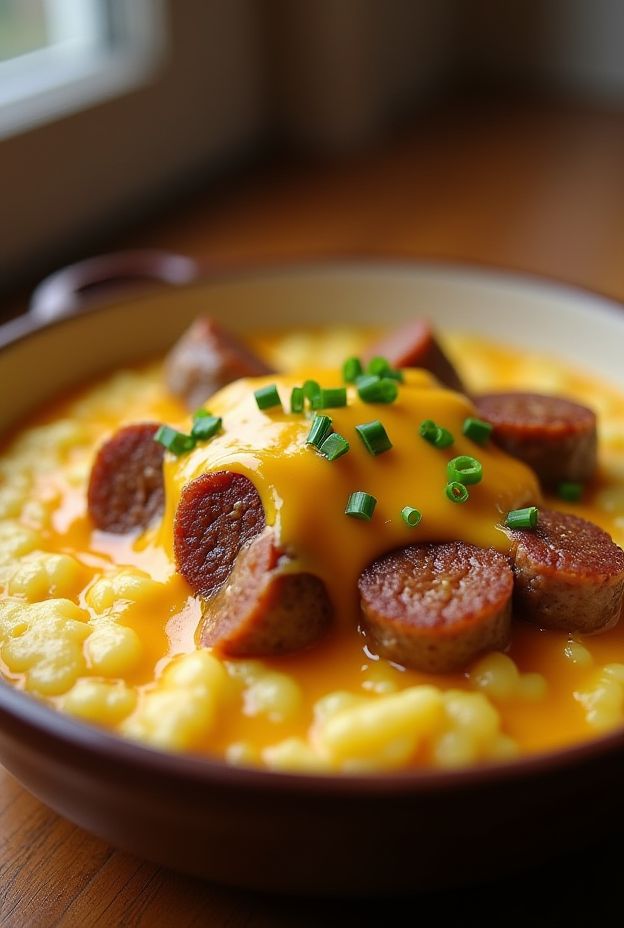 Cheesy Grits and Sausage Casserole served in a bowl, topped with green onions.