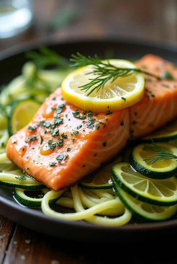 Citrus Herb Salmon served with zucchini noodles topped with lemon slices and fresh herbs.