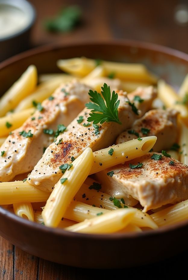 Creamy Cajun Chicken Alfredo pasta prepared in a slow cooker with flavorful spices and garnished with parsley.